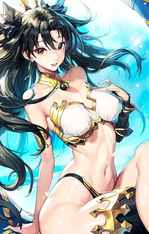Ảnh tohsaka rin sexy cô gái mặc bikini ngồi trên một tảng đá trước mặt trăng tròn