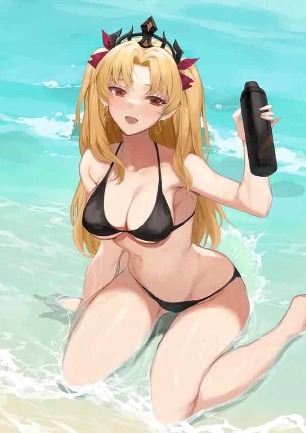 Ảnh tohsaka rin sexy cô gái tóc vàng trong bộ bikini ngồi trên bãi biển với một cái chai tay