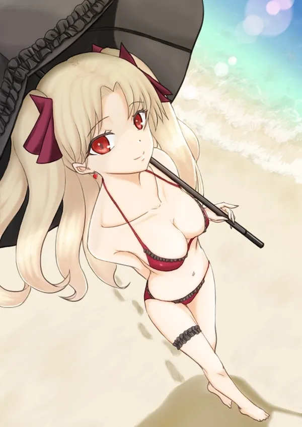 Ảnh tohsaka rin sexy có một người phụ nữ mặc bikini cầm chiếc trên bãi biển