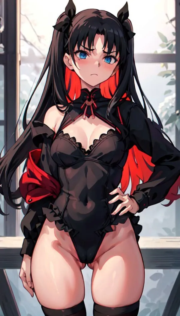 Ảnh tohsaka rin sexy có một người phụ nữ mặc trang phục màu đen và đỏ tạo dáng trước cửa sổ