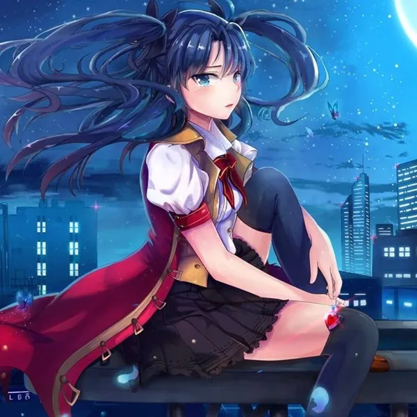 Hình ảnh tohsaka rin cô gái anime với mái tóc đen dài ngồi trên gờ đá nhìn vào mặt trăng