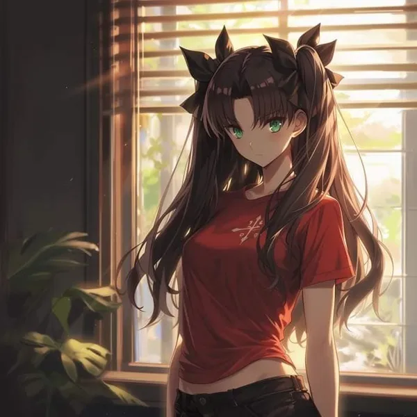 Ảnh tohsaka rin sexy một cô gái anime với mái tóc dài đứng trước cửa sổ