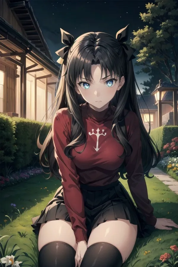 Ảnh tohsaka rin sexy nhân vật anime nữ ngồi trên cỏ trước nhà vào ban đêm