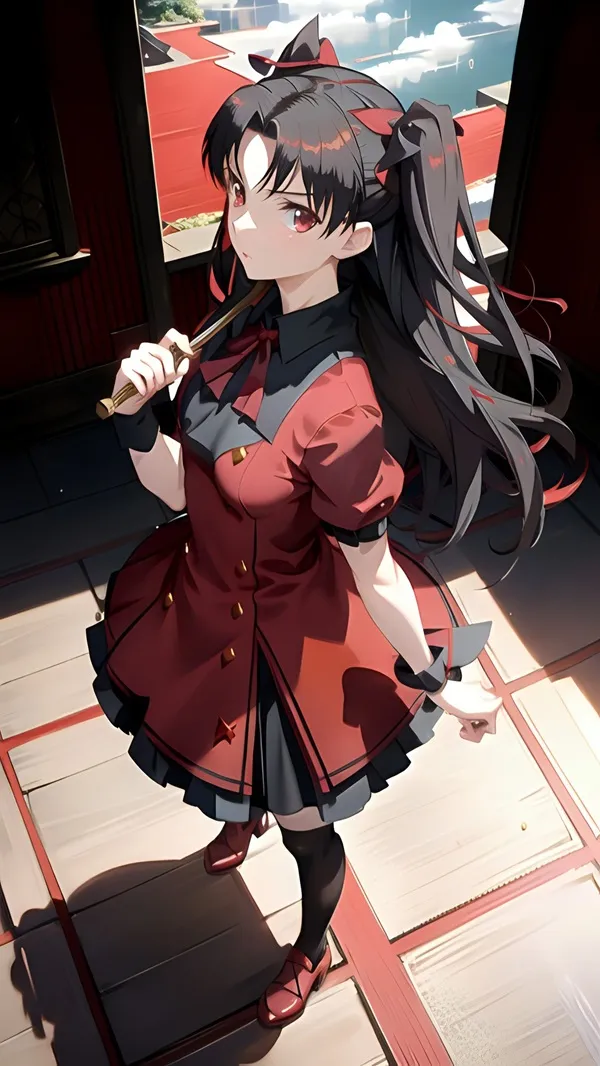 Ảnh tohsaka rin sexy nhân vật nữ giới với mái tóc đen dài trong chiếc váy đỏ cầm gậy bóng chày