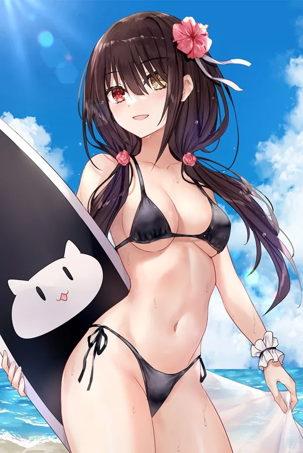 Ảnh tokisaki kurumi bikini cô gái anime trong bộ cầm ván lướt trên bãi biển