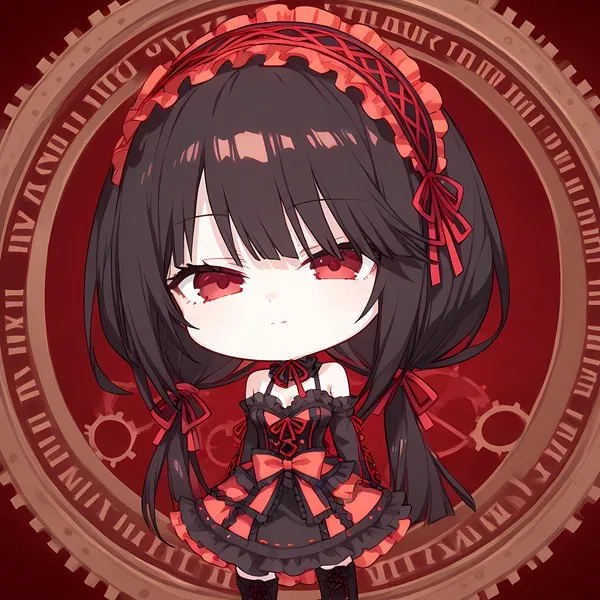 Ảnh tokisaki kurumi bikini cô gái anime với mái tóc đen và váy đỏ đứng trước đồng hồ