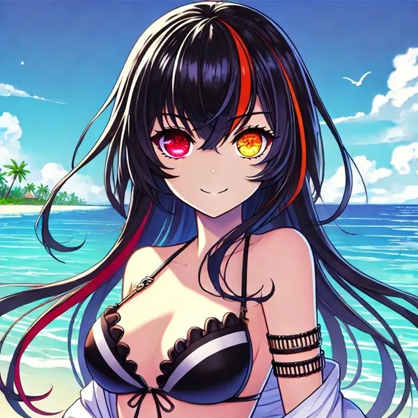 Ảnh tokisaki kurumi bikini một cô gái anime với mái tóc đen dài và đôi mắt đỏ đứng trên bãi biển