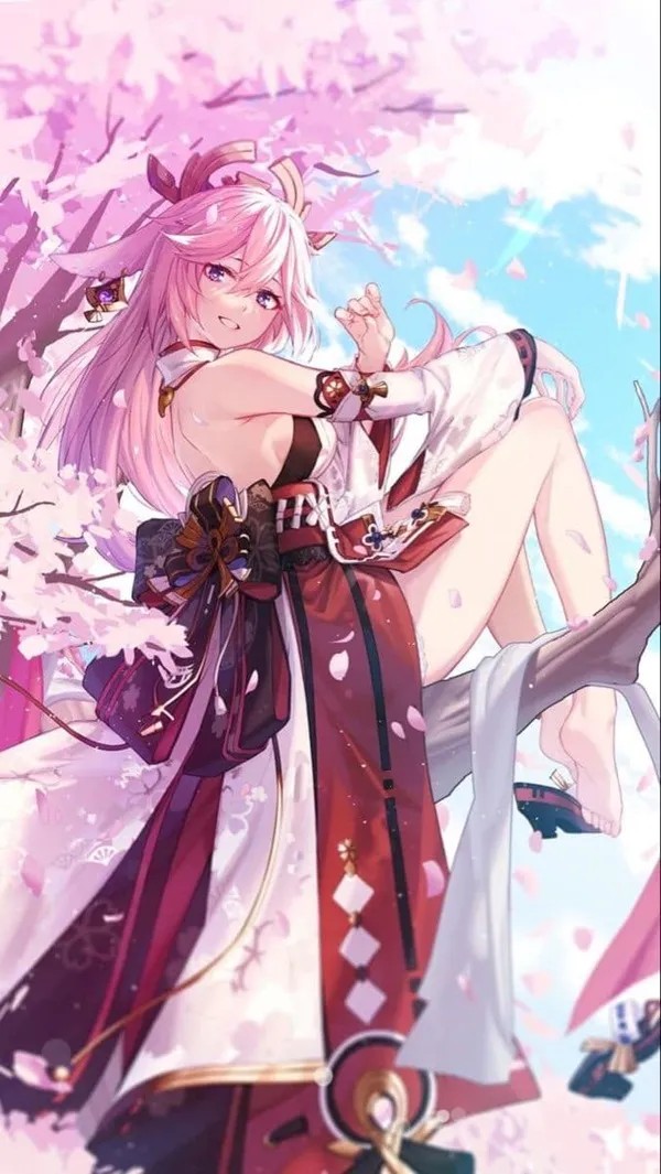 Ảnh yae miko cute cô gái anime xinh đẹp ngồi trên cành cây với hoa anh đào trong nền