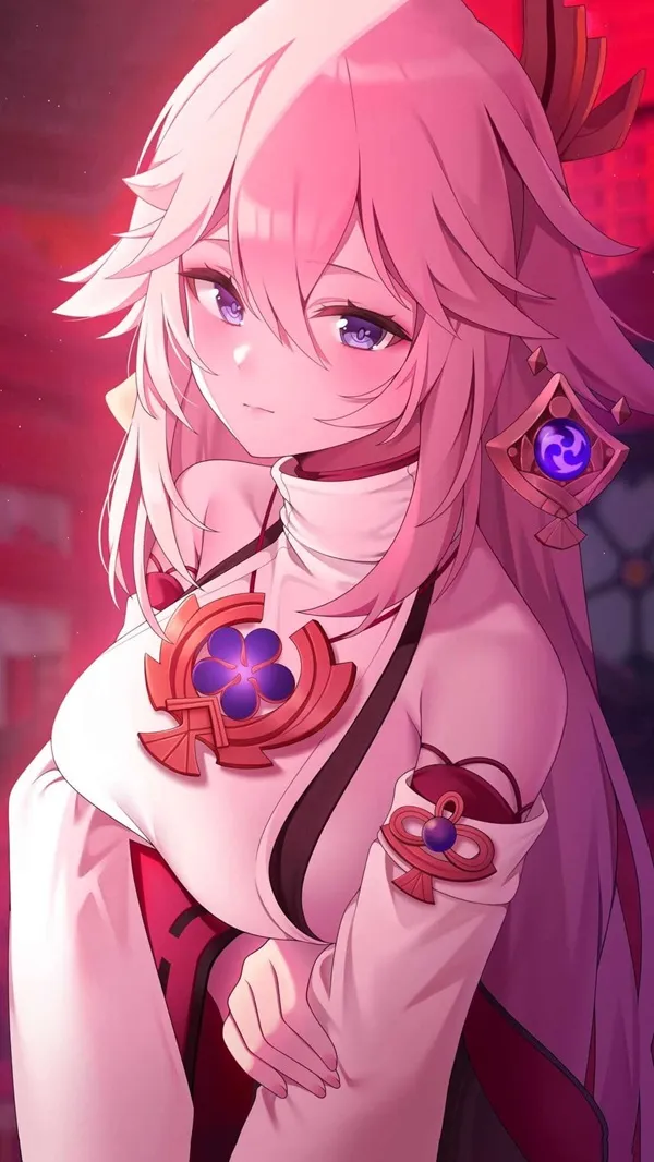 Ảnh yae miko cute có một cô gái anime với mái tóc dài và đôi mắt xanh
