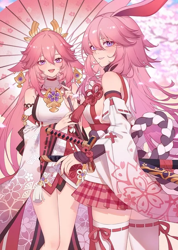 Ảnh yae miko cosplay có hai cô gái anime đang đứng cạnh nhau