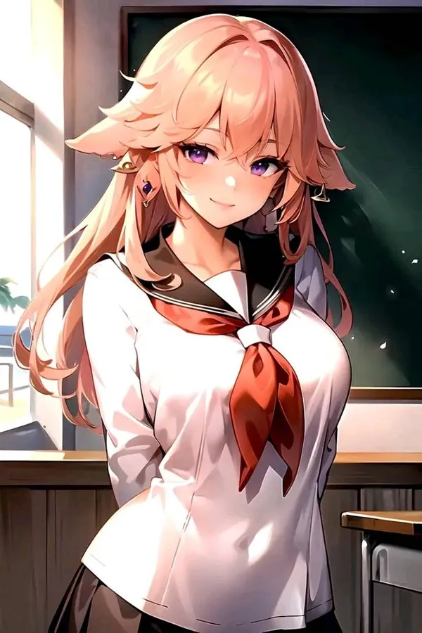 Ảnh yae miko cosplay có một cô gái đang đứng trước bảng đen