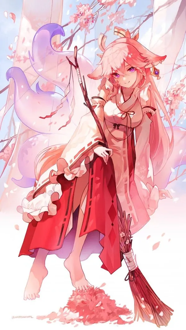 Ảnh yae miko cosplay có một người phụ nữ mặc chiếc váy đỏ cầm chổi và