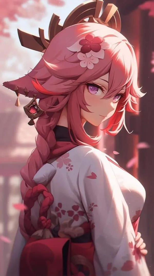 Hình ảnh yae miko một cô gái anime với mái tóc dài màu hồng mặc chiếc váy trắng và mũ đỏ