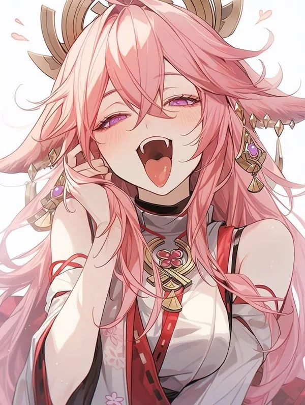 Ảnh yae miko cute một cô gái anime với mái tóc dài màu hồng và vương miện trên đầu