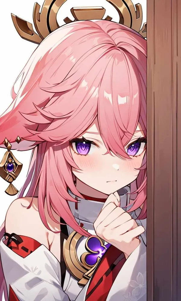 Ảnh yae miko cute cô gái anime cười với mái tóc hồng nhìn ra từ phía sau một cánh cửa