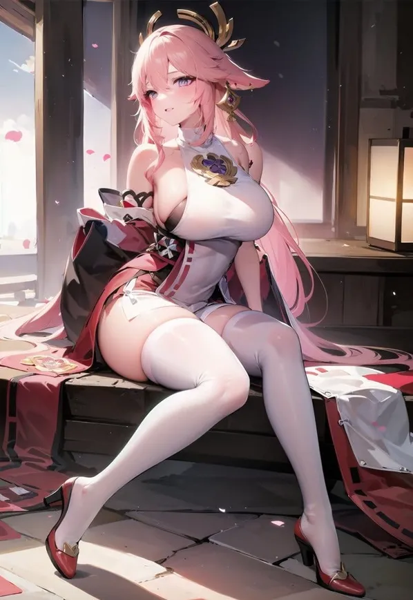 Ảnh yae miko cute cô gái anime gợi cảm ngồi trên băng ghế nhìn vào điện thoại di động của ấy