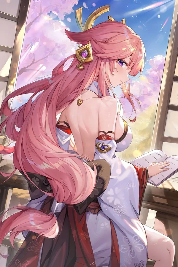 Ảnh yae miko cute cô gái anime với mái tóc dài màu hồng ngồi trên bệ cửa sổ đọc sách