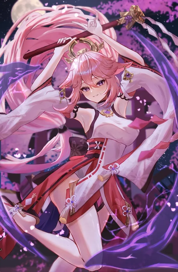 Ảnh yae miko cute cô gái anime với mái tóc dài màu hồng và váy tím trước mặt trăng tròn