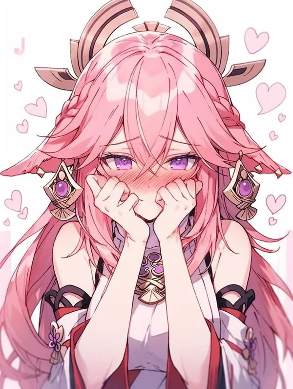 Ảnh yae miko cute cô gái anime với mái tóc màu hồng che mặt bằng tay