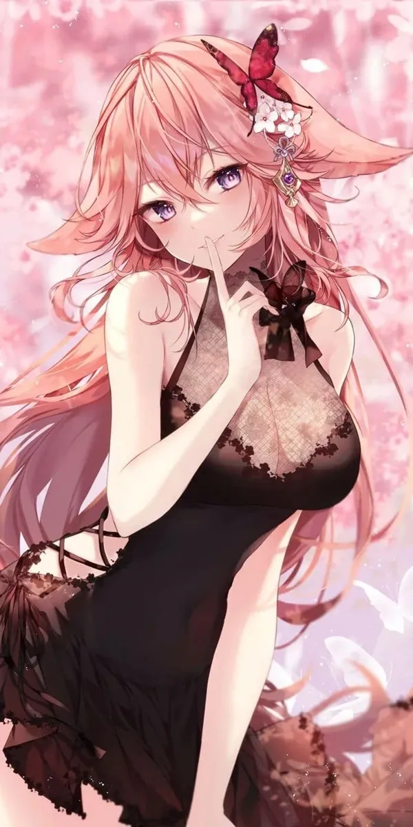Ảnh yae miko cute có một cô gái với mái tóc dài màu hồng và chiếc váy đen