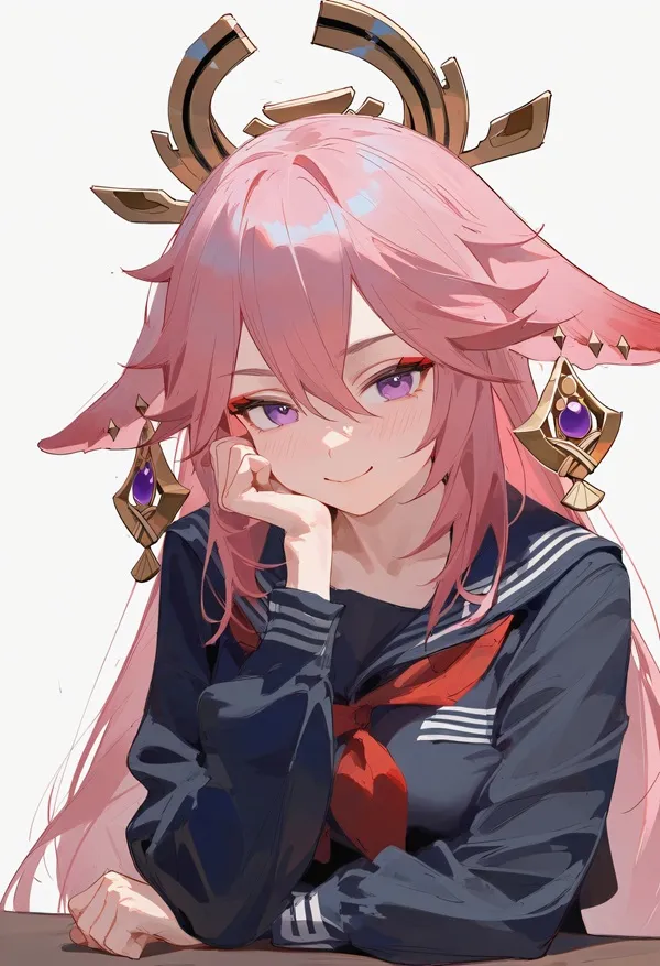 Hình ảnh yae miko cô gái anime xinh đẹp với mái tóc màu hồng ngồi trên bàn cằm