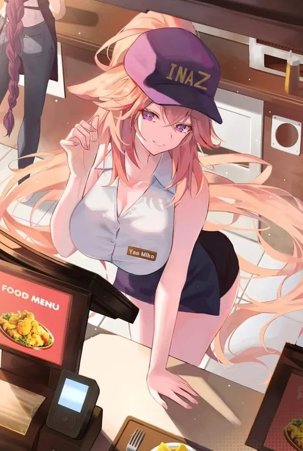 Hình ảnh yae miko cô gái anime mặc đồng phục đứng trước quầy có thức ăn trên đó