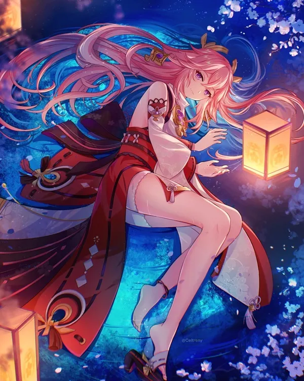 Ảnh yae miko cute một cô gái anime với mái tóc dài màu hồng ngồi trên bàn