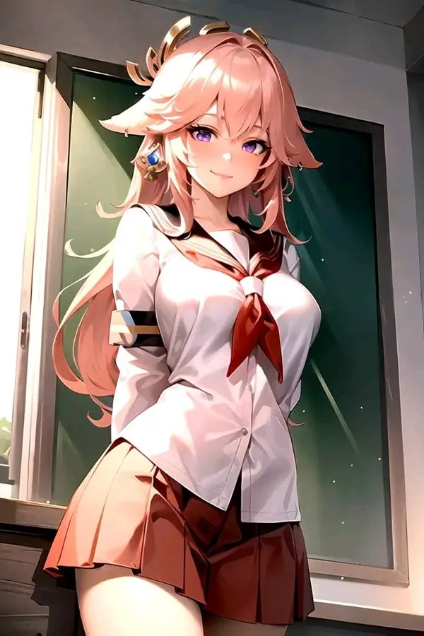 Ảnh yae miko cute nhân vật anime nữ trong đồng phục tạo dáng trước cửa sổ