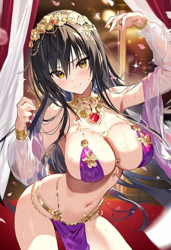 Ảnh yui kotegawa chibi hình minh họa của một người phụ nữ mặc bikini màu tím với dây chuyền vàng quanh cổ và vương miện trên đầu