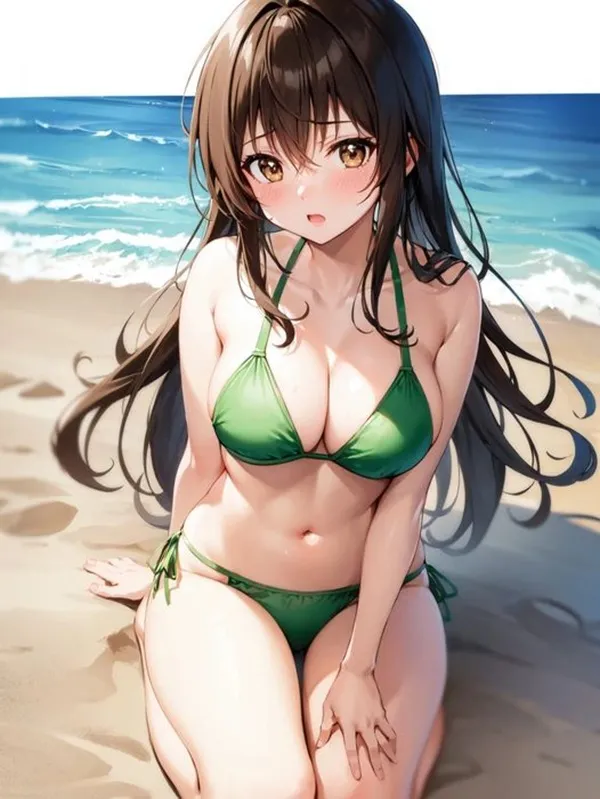 Ảnh yui kotegawa bikini cô gái mặc màu xanh lá cây ngồi trên bãi biển bên cạnh đại dương