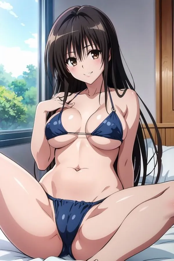 Ảnh yui kotegawa bikini nhân vật anime nữ trong bộ ngồi trên giường trước cửa sổ
