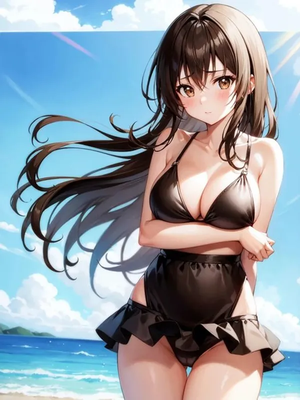 Ảnh yui kotegawa chibi một người phụ nữ mặc bikini đứng trên bãi biển bên cạnh đại dương