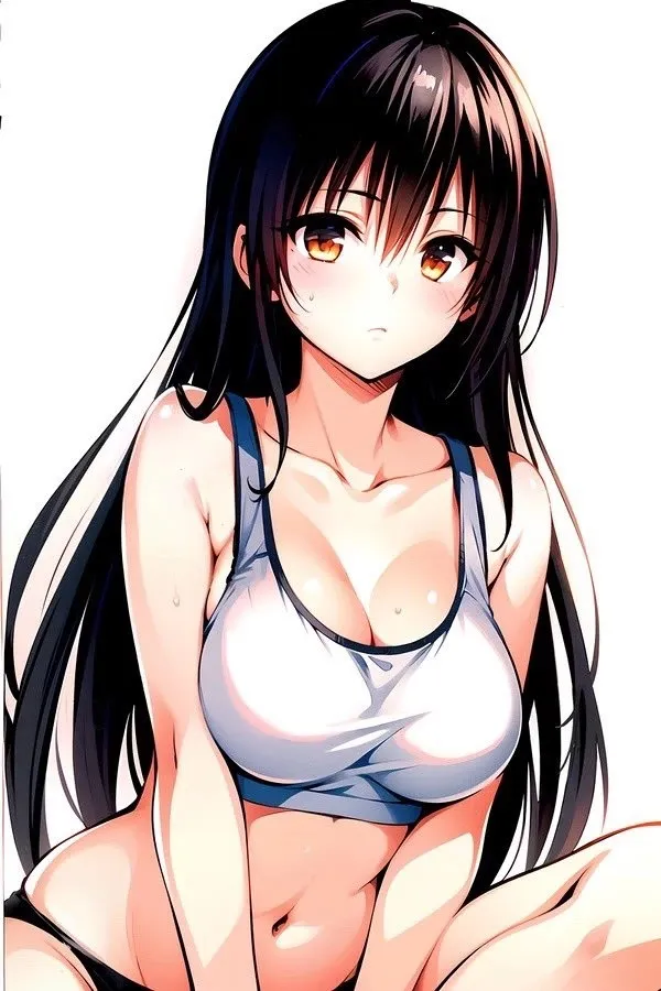 Yui kotegawa sexy cô gái anime với mái tóc đen dài và áo ngực trắng ngồi trên giường