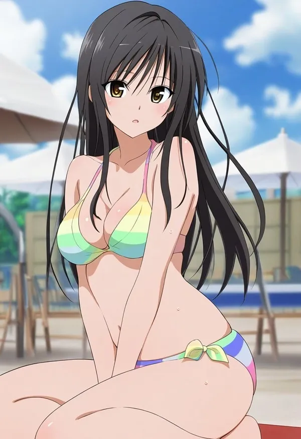 Ảnh yui kotegawa chibi có một người phụ nữ mặc bikini ngồi trên mặt đất