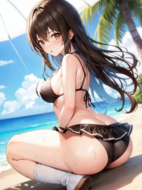 Ảnh yui kotegawa chibi một cô gái anime mặc bikini ngồi trên bãi biển với chiếc