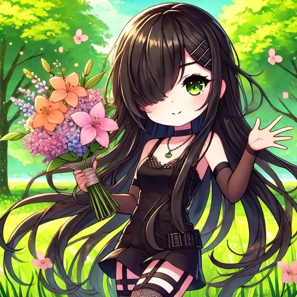 Ảnh yui kotegawa chibi một cô gái anime với mái tóc đen dài cầm bó hoa