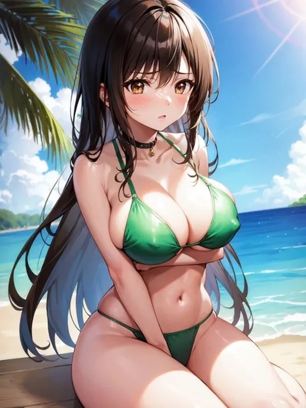 Ảnh yui kotegawa chibi một người phụ nữ mặc bikini ngồi trên bãi biển bên cạnh đại dương