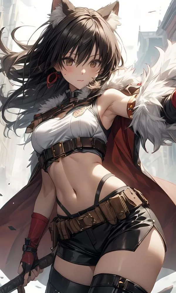 Ảnh yui kotegawa sexy một người phụ nữ có mái tóc dài và tai mèo cầm kiếm trong tay