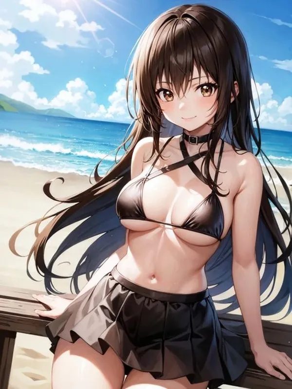 Ảnh yui kotegawa sexy một người phụ nữ mặc áo bikini ngồi trên băng ghế gần đại dương