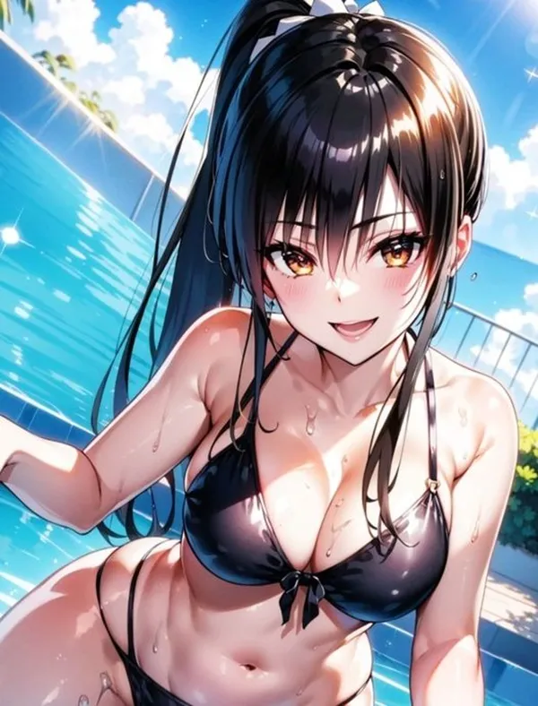 Ảnh yui kotegawa sexy cô gái anime gợi cảm trong bộ bikini đen tạo dáng bên hồ bơi