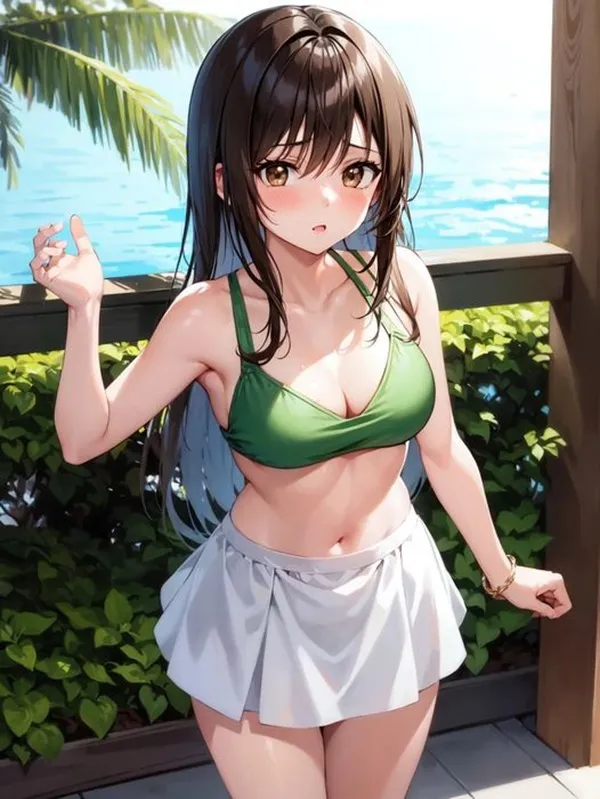 Ảnh yui kotegawa sexy cô gái anime gợi cảm trong bộ bikini màu xanh lá cây tạo dáng bên mặt nước