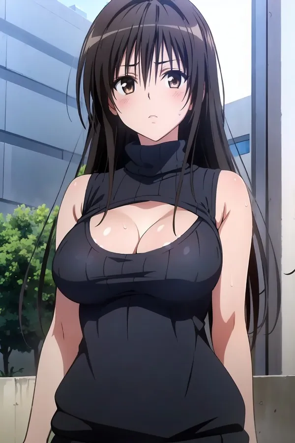Ảnh yui kotegawa sexy có một người phụ nữ mặc chiếc váy đen đứng trước tòa nhà