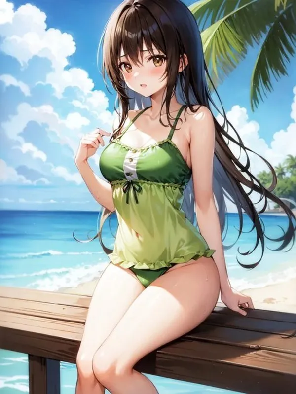 Ảnh yui kotegawa sexy một người phụ nữ ngồi trên ghế gỗ bên cạnh đại dương