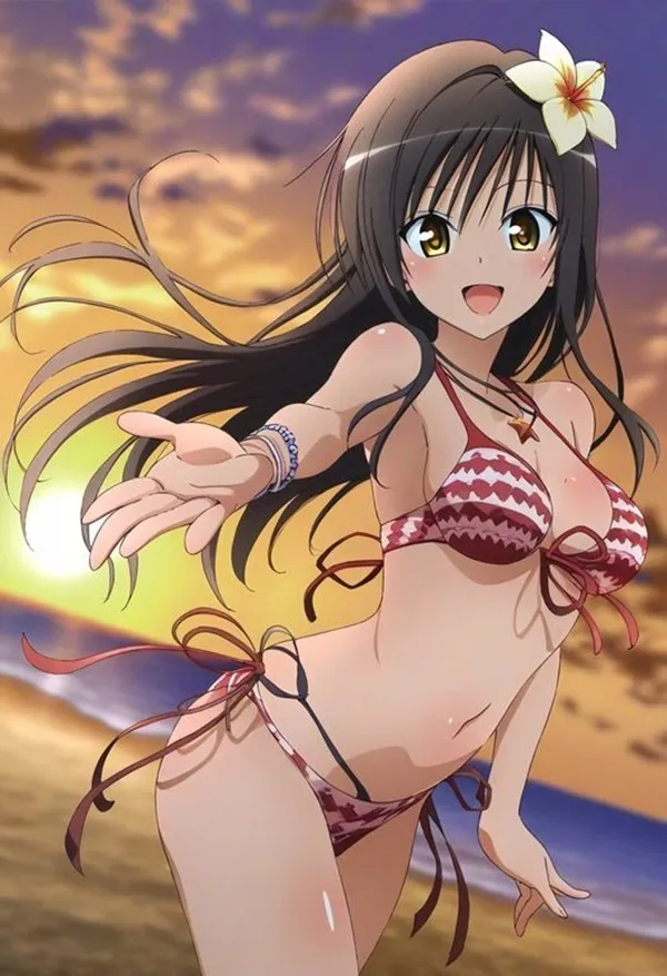 Yui kotegawa sexy cô gái anime mặc bikini với hoa trên tóc bãi biển