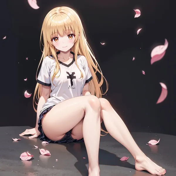Ảnh shiina mahiru sexy cô gái anime với mái tóc vàng dài ngồi trên sàn những cánh hoa bay xung quanh ấy