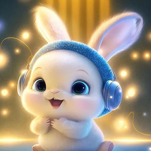 Có một chú thỏ hoạt hình với tai nghe ngồi trên mặt đất