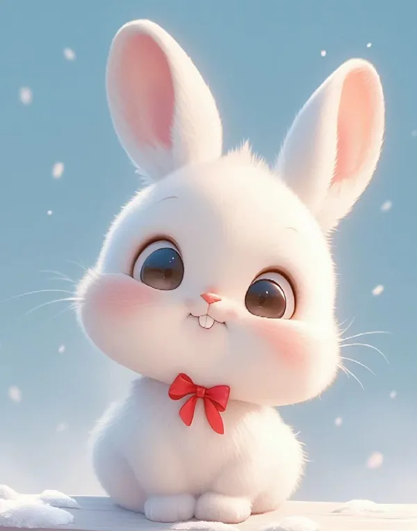 Có một con thỏ trắng với cây cung màu đỏ đang ngồi trong tuyết