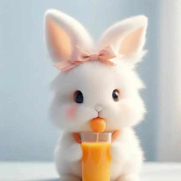Có một con thỏ trắng với cây cung màu hồng cầm ly nước cam