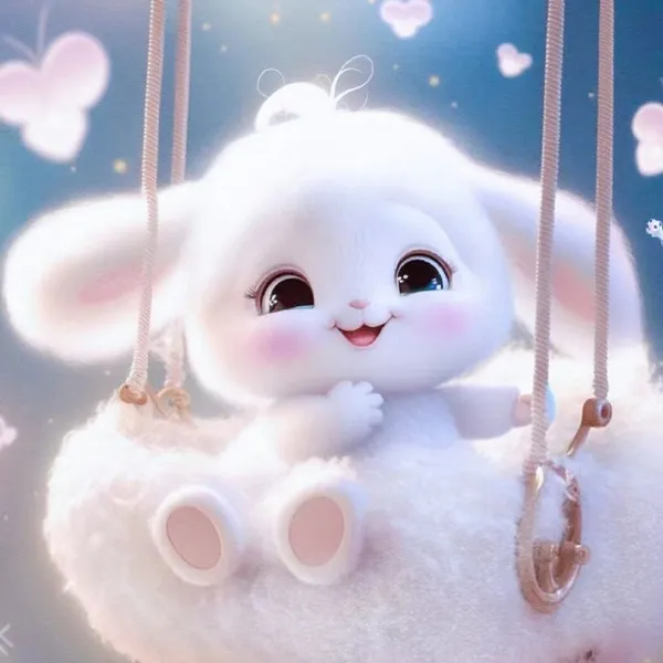Hình nền của một chú thỏ trắng đang ngồi trên chiếc xích đu với trái tim trong