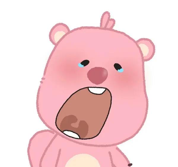 Gấu bông màu hồng mỉm cười cầm một miếng sô cô la trong miệng